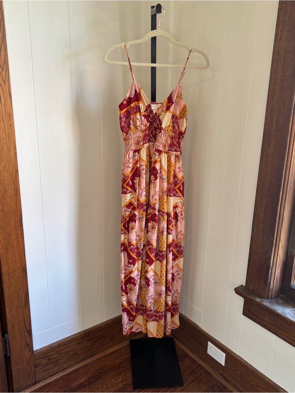 Monteau LA Patchwork Print Boho Maxi Dress Red Linen Blend Smocked Women’s M NWT